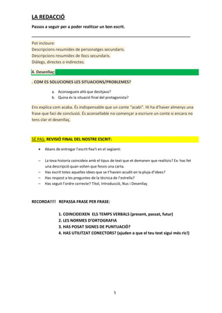 LA REDACCIÓ
Passos a seguir per a poder realitzar un bon escrit.


Pot incloure:
Descripcions resumides de personatges secundaris.
Descripcions resumides de llocs secundaris.
Diàlegs, directes o indirectes.

4. Desenllaç:

. COM ES SOLUCIONES LES SITUACIONS/PROBLEMES?

           a. Aconsegueix allò que desitjava?
           b. Quina és la situació final del protagonista?

Ens explica com acaba. És indispensable que un conte “acabi”. Hi ha d’haver almenys una
frase que faci de conclusió. És aconsellable no començar a escriure un conte si encara no
tens clar el desenllaç.



5É PAS: REVISIÓ FINAL DEL NOSTRE ESCRIT:

      Abans de entregar l’escrit fixa’t en el següent:

   –   La teva historia coincideix amb el tipus de text que et demanen que realitzis? Ex: has fet
       una descripció quan volien que fessis una carta.
   –   Has escrit totes aquelles idees que se t’havien acudit en la pluja d’idees?
   –   Has respost a les preguntes de la tècnica de l’estrella?
   –   Has seguit l’ordre correcte? Títol, Introducció, Nus i Desenllaç



RECORDA!!!! REPASSA FRASE PER FRASE:

                1. COINCIDEIXEN ELS TEMPS VERBALS (present, passat, futur)
                2. LES NORMES D’ORTOGRAFIA
                3. HAS POSAT SIGNES DE PUNTUACIÓ?
                4. HAS UTILITZAT CONECTORS? (ajuden a que el teu text sigui més ric!)




                                                  5
 