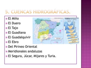  El Miño
 El Duero
 El Tajo
 El Guadiana
 El Guadalquivir
 El Ebro
 Del Pirineo Oriental
 Meridionales andaluzas
 El Segura, Júcar, Mijares y Turia.
 