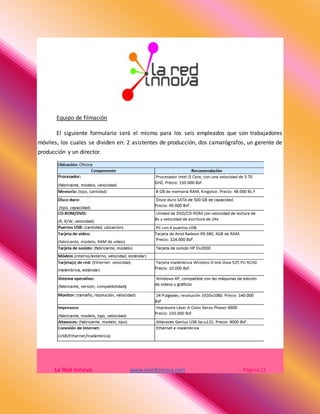 Equipo de filmación
El siguiente formulario será el mismo para los seis empleados que son trabajadores
móviles, los cuales se dividen en: 2 asistentes de producción, dos camarógrafos, un gerente de
producción y un director.
La Red Innova www.laredinnova.com Página 11
 