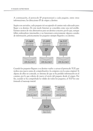 8 Iniciación a la Red Internet




   A continuación, el protocolo IP proporcionará a cada paquete, entre otras
   informaciones, las direcciones IP de origen y destino.

   Según son enviados, cada paquete irá escogiendo el camino más adecuado para
   llegar a su destino. De este modo Internet se consolida como una red estable.
   Existen cientos de vías alternativas para un destino concreto, por lo que, aunque
   fallen ordenadores intermedios o no funcionen correctamente algunos canales
   de información, prácticamente los paquetes siempre llegarán a su destino.




   Cuando los paquetes lleguen a su destino vuelve a actuar el protocolo TCP, que
   realiza una nueva suma de comprobación y la compara con la suma original. Si
   alguna de ellas no coincide, es síntoma de que se ha perdido información en el
   camino, por lo que solicita de nuevo el envío del paquete desde el origen. Por
   fin, cuando se ha comprobado la validez de todos los paquetes, el TCP los une
   formado el mensaje inicial.
 