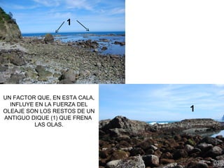 UN FACTOR QUE, EN ESTA CALA,
INFLUYE EN LA FUERZA DEL
OLEAJE SON LOS RESTOS DE UN
ANTIGUO DIQUE (1) QUE FRENA
LAS OLAS.
1
1
 