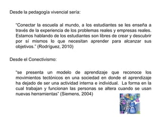 Desde la pedagogía vivencial sería:

  “Conectar la escuela al mundo, a los estudiantes se les enseña a
  través de la experiencia de los problemas reales y empresas reales.
  Estamos hablando de los estudiantes son libres de crear y descubrir
  por sí mismos lo que necesitan aprender para alcanzar sus
  objetivos.” (Rodríguez, 2010)

Desde el Conectivismo:

  “se presenta un modelo de aprendizaje que reconoce los
  movimientos tectónicos en una sociedad en donde el aprendizaje
  ha dejado de ser una actividad interna e individual. La forma en la
  cual trabajan y funcionan las personas se altera cuando se usan
  nuevas herramientas” (Siemens, 2004)
 