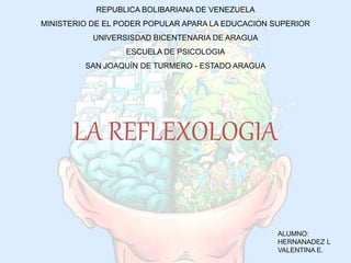 REPUBLICA BOLIBARIANA DE VENEZUELA
MINISTERIO DE EL PODER POPULAR APARA LA EDUCACION SUPERIOR
UNIVERSISDAD BICENTENARIA DE ARAGUA
ESCUELA DE PSICOLOGIA
SAN JOAQUÍN DE TURMERO - ESTADO ARAGUA
ALUMNO:
HERNANADEZ L
VALENTINA E.
LA REFLEXOLOGIA
 
