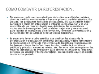  De acuerdo con las recomendaciones de las Naciones Unidas, existen
diversas medidas encaminadas a frenar el proceso de deforestación. Por
un lado, los programas forestales de cada país, los cuales deben hacer
partícipes a todos los interesados e integrar la conservación y el uso
sostenible de los recursos biológicos. Asimismo, las capacidades
nacionales de investigación forestal deben mejorarse y crear una red
para facilitar el intercambio de información, fomentar la investigación y
dar a conocer los resultados de las distintas disciplinas.
 Es necesario llevar a cabo estudios que analicen las causas de la
deforestación y degradación ambiental en cada país, y debe fomentarse
la cooperación en temas de transferencia de tecnología relacionada con
los bosques, tanto Norte-Sur como Sur-Sur, mediante inversiones
públicas y privadas, empresas mixtas, etc. Por otro lado, se requieren las
mejores tecnologías de evaluación para obtener estimaciones fidedignas
de todos los servicios y bienes forestales, en especial los que son objeto
de comercio general.
 