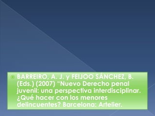 BARREIRO, A. J. y FEIJOO SÁNCHEZ, B. (Eds.) (2007) “Nuevo Derecho penal juvenil: una perspectiva interdisciplinar. ¿Qué hacer con los menores delincuentes? Barcelona: Artelier.