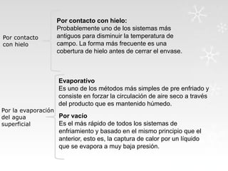 Por contacto
con hielo

Por contacto con hielo:
Probablemente uno de los sistemas más
antiguos para disminuir la temperatura de
campo. La forma más frecuente es una
cobertura de hielo antes de cerrar el envase.

Evaporatívo
Es uno de los métodos más simples de pre enfriado y
consiste en forzar la circulación de aire seco a través
del producto que es mantenido húmedo.

Por la evaporación
Por vacío
del agua
Es el más rápido de todos los sistemas de
superficial

enfriamiento y basado en el mismo principio que el
anterior, esto es, la captura de calor por un líquido
que se evapora a muy baja presión.

 