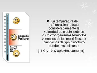  La temperatura de
refrigeración reduce
considerablemente la
velocidad de crecimiento de
los microorganismos termófilos
y muchos de los mesó filos, en
cambio los de tipo psicotrofo
pueden multiplicarse.

(-1 C y 10 C aproximadamente)

 