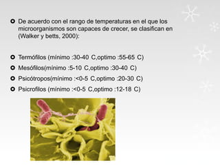  De acuerdo con el rango de temperaturas en el que los
microorganismos son capaces de crecer, se clasifican en
(Walker y betts, 2000):
 Termófilos (mínimo :30-40 C,optimo :55-65 C)
 Mesófilos(mínimo :5-10 C,optimo :30-40 C)
 Psicótropos(mínimo :<0-5 C,optimo :20-30 C)

 Psicrofilos (mínimo :<0-5 C,optimo :12-18 C)

 