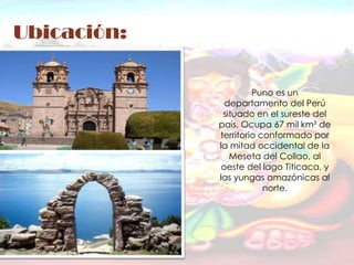 Ubicación:

                      Puno es un
               departamento del Perú
              situado en el sureste del
             país. Ocupa 67 mil km² de
             territorio conformado por
             la mitad occidental de la
                Meseta del Collao, al
              oeste del lago Titicaca, y
             las yungas amazónicas al
                         norte.
 