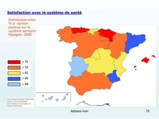 Satisfaction avec le système de santé
Distribution selon
% d´ opinion
positive sur le
système sanitaire
Espagne. 2008
Abbassi inan 76
 