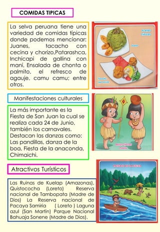 COMIDAS TIPICAS
Atractivos Turísticos
Manifestaciones culturales
La selva peruana tiene una
variedad de comidas típicas
donde podemos mencionar:
Juanes, tacacho con
cecina y chorizo,Patarashca,
Inchicapi de gallina con
maní, Ensalada de chonta o
palmito, el refresco de
agauje, camu camu; entre
otros.
La más importante es la
Fiesta de San Juan la cual se
realiza cada 24 de Junio,
también los carnavales.
Destacan las danzas como:
Las pandillas, danza de la
boa, Fiesta de la anaconda,
Chimaichi.
Las Ruinas de Kuelap (Amazonas),
Quistococha (Loreto) Reserva
nacional de Tambopata (Madre de
Dios) La Reserva nacional de
Pacaya Samiria ( Loreto ) Laguna
azul (San Martin) Parque Nacional
Bahuaja Sonene (Madre de Dios).
 
