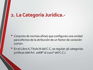 2. La Categoría Jurídica.-
• Conjunto de normas afines que configuran una unidad
para efectos de la atribución de un factor de conexión
común.
• En el Libro X,Título III del C.C, se regulan 36 categorías
jurídicas (del Art. 2068° al 2101° del C.C.)
 