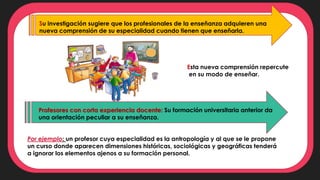 Esta nueva comprensión repercute
en su modo de enseñar.
Profesores con corta experiencia docente: Su formación universitaria anterior da
una orientación peculiar a su enseñanza.
Por ejemplo: un profesor cuya especialidad es la antropología y al que se le propone
un curso donde aparecen dimensiones históricas, sociológicas y geográficas tenderá
a ignorar los elementos ajenos a su formación personal.
Su investigación sugiere que los profesionales de la enseñanza adquieren una
nueva comprensión de su especialidad cuando tienen que enseñarla.
 