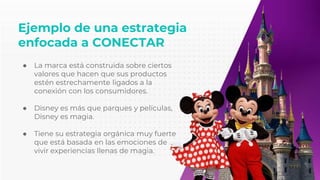 Ejemplo de una estrategia
enfocada a CONECTAR
● La marca está construida sobre ciertos
valores que hacen que sus productos
estén estrechamente ligados a la
conexión con los consumidores.
● Disney es más que parques y películas,
Disney es magia.
● Tiene su estrategia orgánica muy fuerte
que está basada en las emociones de
vivir experiencias llenas de magia.
 