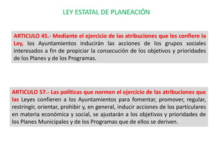 LEY ESTATAL DE PLANEACIÓN


ARTICULO 45.- Mediante el ejercicio de las atribuciones que les confiere la
Ley, los Ayuntamientos inducirán las acciones de los grupos sociales
interesados a fin de propiciar la consecución de los objetivos y prioridades
de los Planes y de los Programas.




ARTICULO 57.- Las políticas que normen el ejercicio de las atribuciones que
las Leyes confieren a los Ayuntamientos para fomentar, promover, regular,
restringir, orientar, prohibir y, en general, inducir acciones de los particulares
en materia económica y social, se ajustarán a los objetivos y prioridades de
los Planes Municipales y de los Programas que de ellos se deriven.
 