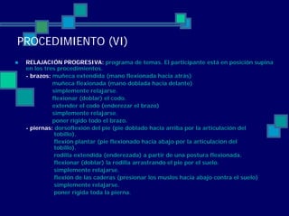 PROCEDIMIENTO (VI)
RELAJACIÓN PROGRESIVA: programa de temas. El participante está en posición supina
en los tres procedimientos.
- brazos: muñeca extendida (mano flexionada hacia atrás)
muñeca flexionada (mano doblada hacia delante)
simplemente relajarse.
flexionar (doblar) el codo.
extender el codo (enderezar el brazo)
simplemente relajarse.
poner rígido todo el brazo.
- piernas: dorsoflexión del pie (pie doblado hacia arriba por la articulación del
tobillo).
flexión plantar (pie flexionado hacia abajo por la articulación del
tobillo).
rodilla extendida (enderezada) a partir de una postura flexionada.
flexionar (doblar) la rodilla arrastrando el pie por el suelo.
simplemente relajarse.
flexión de las caderas (presionar los muslos hacia abajo contra el suelo)
simplemente relajarse.
poner rígida toda la pierna.
 