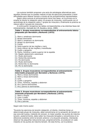 Los autores también proponen una serie de estrategias alternativas para
aquellos clientes que no pueden realizar el tipo de ejercicios propuestos o tiene
dificultades para obtener tensión a través de los procedimientos representados.
Según estos autores el entrenamiento tiene tres fases: en la primera se le
enseña al cliente la relajación sobre 16 grupos de músculos, continuando con el
aprendizaje de la relajación sobre 7 grupos de músculos y finalmente la práctica se
reduce sobre 4 grupos de músculos.
A continuación recogemos las tablas correspondientes a las distintas fases del
entrenamiento: (tomado de J.M. Buceta y otros, 1989)
Tabla 1. Grupos musculares correspondientes al entrenamiento básico
propuesto por Bernstein y Borkovec (1973)
1. Mano y antebrazo dominante
2. Bíceps dominante
3. Mano y antebrazo no dominante
4. Bíceps no dominante
5. Frente
6. Parte superior de las mejillas y nariz
7. Parte inferior de las mejillas y mandíbulas
8. Cuello y garganta
9. Pecho, hombros y parte superior de la espalda
10. Región abdominal o estomacal
11. Muslo dominante
12. Pantorrilla dominante
13. Pie dominante
14. Muslo dominante
15. Pantorrilla no dominante
16. Pie no dominante
Tabla 2. Grupos musculares correspondientes al entrenamiento
intermedio propuesto por Bernstein y Borkovec (1973).
1. Mano y brazo dominantes
2. Mano y brazo dominantes
3. Cara
4. Cuello y garganta
5. Tórax, hombros, espalda y abdomen
6. Pie y pierna dominantes
7. Pie y pierna no dominantes
Tabla 3. Grupos musculares correspondientes al entrenamiento
avanzado propuesto por Bernstein y Borkovec (1973).
1. Mano y brazos
2. Cara y cuello
3. Tórax, hombros, espalda y abdomen
4. Pies y piernas
Según este mismo autor:
"Durante los ejercicios de tensión-relajación, el cliente, mientras tensa un
determinado grupo de músculos, debe concentrarse en la sensación de tensión en
esa zona del cuerpo, tratando de conocer, lo mejor posible, los puntos de máxima
tensión; posteriormente, debe soltar los músculos tensados y concentrarse en la
diferencia existente entre la tensión anterior y la situación presente, intentando
observar las pequeñas reducciones que, progresivamente, se producen en cada
instante en los puntos de máxima tensión. De esta forma, con la práctica
 