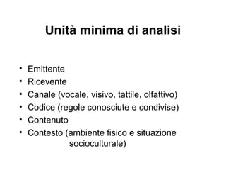 Unità minima di analisi
•
•
•
•
•
•

Emittente
Ricevente
Canale (vocale, visivo, tattile, olfattivo)
Codice (regole conosciute e condivise)
Contenuto
Contesto (ambiente fisico e situazione
socioculturale)

 