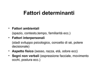 Fattori determinanti
• Fattori ambientali
(spazio, contesto,tempo, familiarità ecc.)
• Fattori interpersonali
(stadi sviluppo psicologico, concetto di sé, potere
decisionale)
• Aspetto fisico (sesso, razza, età, odore ecc)
• Segni non verbali (espressione facciale, movimento
occhi, postura ecc.)

 