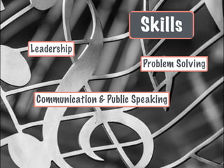 Skills
Communication & Public Speaking
Problem Solving
Leadership
 