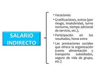 • Vacaciones
• Gratificaciones, extras (por
riesgo, insalubridad, turno
nocturno, tiempo adicional
de servicio, etc.),
• Participación en los
resultados, horas extra
• Las prestaciones sociales
que ofrece la organización
(como alimentación y
transporte subsidiados,
seguro de vida de grupo,
etc.)
SALARIO
INDIRECTO
 