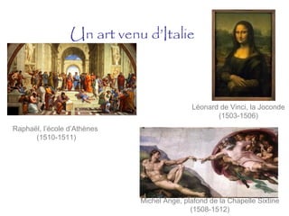 Un art venu d’Italie
Raphaël, l’école d’Athènes
(1510-1511)
Michel Ange, plafond de la Chapelle Sixtine
(1508-1512)
Léonard de Vinci, la Joconde
(1503-1506)
 