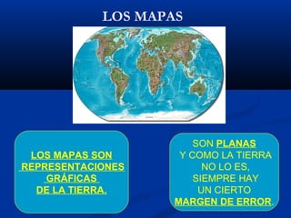 LOS MAPAS SON
REPRESENTACIONES
GRÁFICAS
DE LA TIERRA.
SON PLANAS
Y COMO LA TIERRA
NO LO ES,
SIEMPRE HAY
UN CIERTO
MARGEN DE ERROR.
LOS MAPAS
 