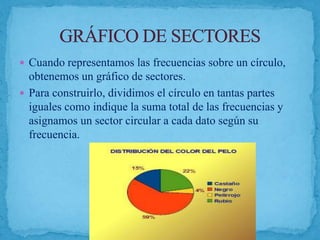  Cuando representamos las frecuencias sobre un círculo,
obtenemos un gráfico de sectores.
 Para construirlo, dividimos el círculo en tantas partes
iguales como indique la suma total de las frecuencias y
asignamos un sector circular a cada dato según su
frecuencia.
 