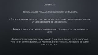 DESVENTAJAS
- TIENDEN A HACER PERMANENTE LO QUE DEBIERA SER TEMPORAL.
- PUEDE FRAGMENTAR EN EXCESO LA COMPOSICIÓN DE LAS LISTAS Y NO DEJAR ESPACIO PARA
LA LIBRE ELEGIBILIDAD DE LOS ELECTORES.
- RETRASA EL DERECHO A LAS ELECCIONES PRIMARIAS DE LOS PARTIDOS: UN MILITANTE UN
VOTO.
- EN DISTRITOS ELECTORALES DE GRAN TAMAÑO (LIMA, POR EJEMPLO), PUEDE FUNCIONAR,
PERO NO EN DISTRITOS ELECTORALES PEQUEÑOS, DONDE NO HAY LA POSIBILIDAD DE CUBRIR
TODOS LOS CUPOS.
 