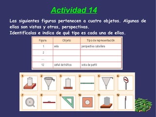 Actividad 14
Las siguientes figuras pertenecen a cuatro objetos. Algunas de
ellas son vistas y otras, perspectivas.
Identifícalas e indica de qué tipo es cada una de ellas.
 