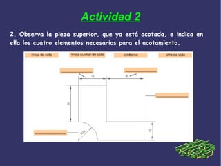 Actividad 2
2. Observa la pieza superior, que ya está acotada, e indica en
ella los cuatro elementos necesarios para el acotamiento.
 