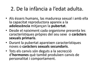 2. De la infància a l’edat adulta.
• Als éssers humans, las maduresa sexual i amb ella
la capacitat reproductora apareix a la
adolescència mitjançan la pubertat.
• Desde el naiximent cada organisme presenta les
característiques pròpies del seu sexe o caràcters
sexuals primaris.
• Durant la pubertat apareixen característiques
noves o caràcters sexuals secundaris.
• Tots els canvis són deguts a la secrecció
d’hormones què també produïxen canvis de
personalitat i comportament.
 