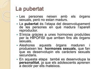 La pubertat
 Les persones neixen amb els òrgans
sexuals, però no estan madurs.
 La pubertat és l’etapa del desenvolupame...