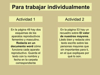 Para trabajar individualmente En la página 49 hay dos esquemas de los aparatos reproductivos femenino y masculino.  Redacta en un documento word  cómo funciona cada aparato reproductivo. Guarda el texto con tu nombre y fecha en la carpeta correspondiente En la página 53 hay un recuadro sobre  El valor de nuestros mayores . Léelo bien y redacta otro texto escrito sobre las personas mayores que sin importantes para ti, en el que expliques por qué lo son. Actividad 1 Actividad 2 