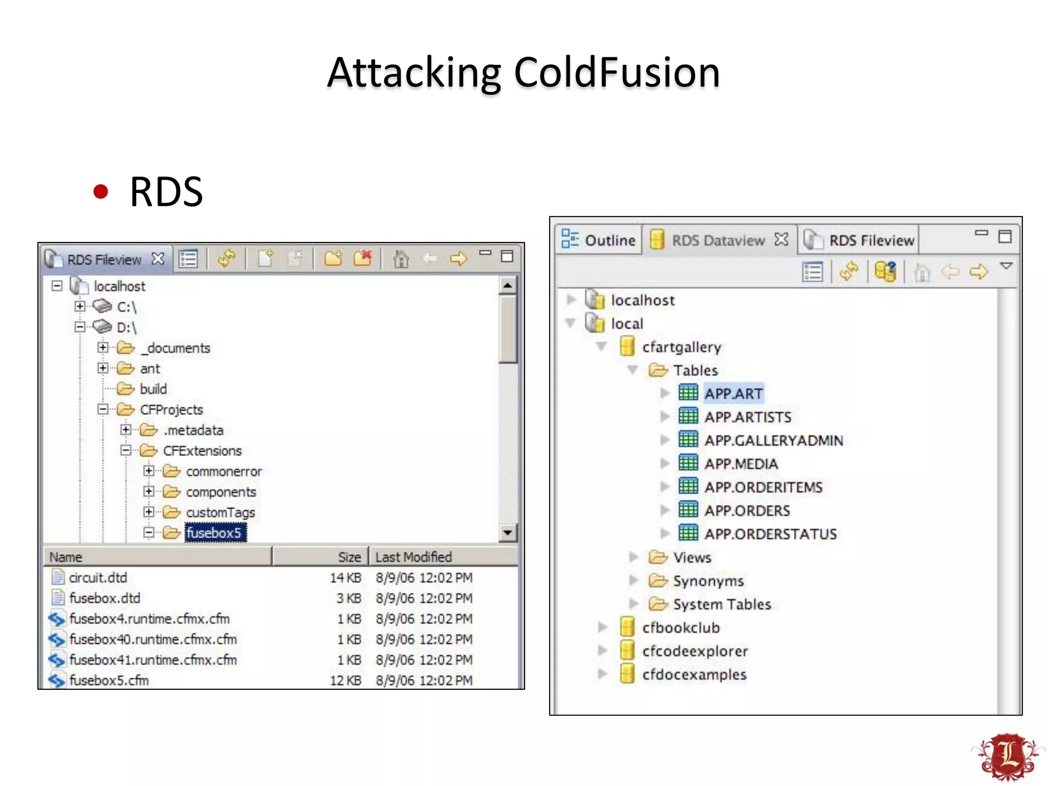 Attacking ColdFusion

• RDS
 