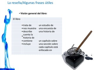 La reseña/Algunas frases útiles
• Visión general del libro:
El libro
•trata de un estudio de
•nos muestra una encuesta de
•describe una historia de
•
cuenta la
historia de
•contiene un capítulo sobre
•incluye una sección sobre
cada capítulo está
enfocado en
 