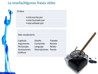 La reseña/Algunas frases útiles
El libro
•está escrito por
•está ilustrado por
•está editado por
Más vocabulario:
Capítulo Diseño Tratado
Argumento Contenido Novela
Personajes Lenguaje Relato
Ilustraciones Descripciones Poesía
Gráficos
 