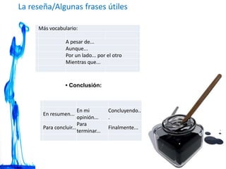 La reseña/Algunas frases útiles
Más vocabulario:
A pesar de...
Aunque...
Por un lado... por el otro
Mientras que...
• Conclusión:
En resumen...
En mi
opinión...
Concluyendo..
.
Para concluir...
Para
terminar...
Finalmente...
 
