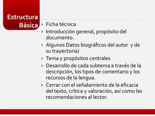 Estructura
    Básica      Ficha técnica
                Introducción general, propósito del
                 documento.
                Algunos Datos biográficos del autor y de
                 su trayectoria)
                Tema y propósitos centrales
                Desarrollo de cada subtema a través de la
                 descripción, los tipos de comentario y los
                 recursos de la lengua.
                Cerrar con el señalamiento de la eficacia
                 del texto, crítica y valoración, así como las
                 recomendaciones al lector.
 