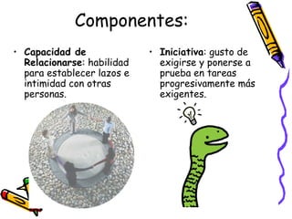Componentes: Capacidad de Relacionarse : habilidad para establecer lazos e intimidad con otras personas. Iniciativa : gusto de exigirse y ponerse a prueba en tareas progresivamente más exigentes. 