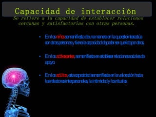 Capacidad de interacción   Se refiere a la capacidad de establecer relaciones cercanas y satisfactorias con otras personas.   En los  niños  se manifiesta de una manera en la que este interactúa con otras personas y tiene la capacidad de poder ser querido por otros. En los  adolescentes , se manifiesta en establecer relaciones sociales de apoyo.  En los  adultos , esta capacidad se manifiesta en la valoración hacia las relaciones interpersonales, la intimidad y los rituales.  