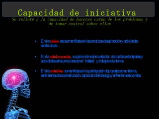 Capacidad de iniciativa   Se refiere a la capacidad de hacerse cargo de los problemas y de tomar control sobre ellos En los  niños  esto se manifiesta en las conductas de exploración y actividades constructivas.  En la  adolescencia , surge la inclinación a estudiar, a la práctica de deportes y actividades extracurriculares como “hobbies” y trabajos voluntarios.  En los  adultos  se manifiesta en la participación de proyectos comunitarios, sentimientos de autorrealización, capacidad de liderazgo y enfrentamiento a retos.  