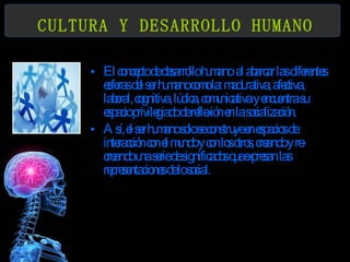 CULTURA Y DESARROLLO HUMANO El concepto de desarrollo humano  al abarcar las diferentes esferas del ser humano como la: madurativa, afectiva, laboral, cognitiva, lúdica, comunicativa y encuentra su espacio privilegiado de reflexión en la socialización.  Así, el ser humano solo se construye en espacios de interacción con el mundo y con los otros, creando y re-creando una serie de significados que expresan las representaciones de lo social.  