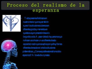 Proceso del realismo de la esperanza Todos poseemos fortalezas en  nuestro interior que nos permitirán superar las situaciones adversas en diferentes grados y momentos en que éstas vayan presentándose a lo  largo de la vida. A pesar de todo, hay personas que  no hacen uso o hacen un uso diferente de esta  capacidad, razón que nos explica por qué hay formas  diferentes de reaccionar ante las situaciones  problemáticas. ¿Como es posible este realismo de la  esperanza? A través de un proceso. 