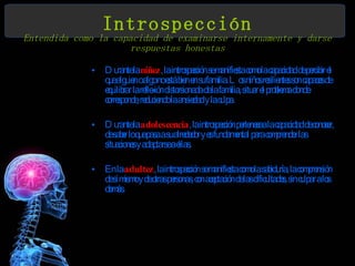 Introspección Entendida como la capacidad de examinarse internamente y darse respuestas honestas Durante la  niñez , la introspección se manifiesta como la capacidad de percibir el que alguien o algo no está bien en su familia. Los niños resilientes son capaces de equilibrar la reflexión distorsionada de la familia, situar el problema donde corresponde, reduciendo la ansiedad y la culpa.  Durante la  adolescencia , la introspección pertenece a la capacidad de conocer, de saber lo que pasa a su alrededor y es fundamental para comprender las situaciones y adaptarse a ellas.  En la  adultez , la introspección se manifiesta como la sabiduría, la comprensión de sí mismo y de otras personas, con aceptación de las dificultades, sin culpar a los demás.  