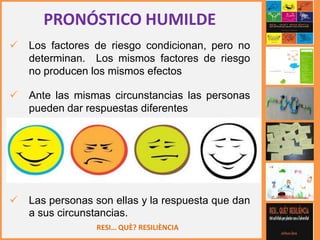 RESI… QUÈ? RESILIÈNCIA
PRONÓSTICO HUMILDE
 Los factores de riesgo condicionan, pero no
determinan. Los mismos factores de riesgo
no producen los mismos efectos
 Ante las mismas circunstancias las personas
pueden dar respuestas diferentes
 Las personas son ellas y la respuesta que dan
a sus circunstancias.
 