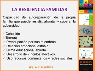 RESI… QUÈ? RESILIÈNCIA
Capacidad de autoreparación de la propia
familia que puede resistir, afrontar y superar la
adversidad.
Cohesión
Ternura
 Preocupación por sus miembros
 Relación emocional estable
 Clima educacional abierto
 Desarrollo de vínculos afectivos
 Uso recursos comunitarios y redes sociales
LA RESILIENCIA FAMILIAR
 