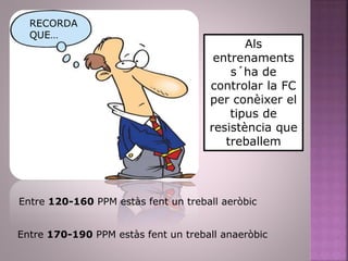 RECORDA
QUE…
Als
entrenaments
s´ha de
controlar la FC
per conèixer el
tipus de
resistència que
treballem
Entre 120-160 PPM estàs fent un treball aeròbic
Entre 170-190 PPM estàs fent un treball anaeròbic
 