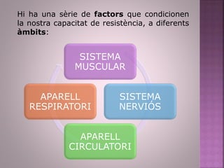 Hi ha una sèrie de factors que condicionen
la nostra capacitat de resistència, a diferents
àmbits:
SISTEMA
MUSCULAR
SISTEMA
NERVIÓS
APARELL
CIRCULATORI
APARELL
RESPIRATORI
 