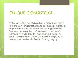EN QUÈ CONSISTEIX?

L’altre gas, és a dir, el diòxid de carboni surt cap a
l’exterior. En fer aquest recorregut el tòrax s’amplia,
els pulmons s’omplen d’aire i el diafragma baixa.
Després, quan expirem, l’aire fa el mateix però a
l’inrevés, és a dir, fent tot el recorregut com s’hi
anés marxa enrere. Llavors, el tòrax es fa petit, els
pulmons es buiden d’aire i el diafragma puja.
 